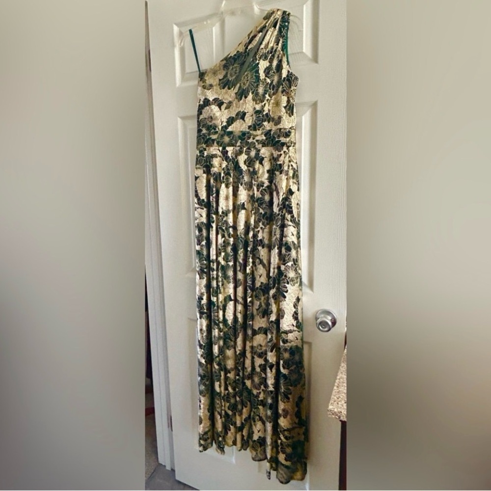 Betsy & Adam One-Shoulder Gold & Black Gown Dress Green Shimmer Womens Size 10 - Picture 4 of 9